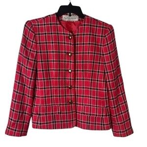 Vintage Evan Picone Blazer Jacket Plaid Hot Pink Red Black Size 8